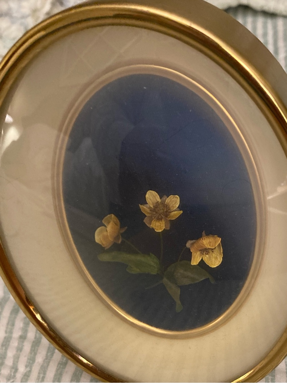 vintage free-standing oval brass frame curved glass small pressed floral